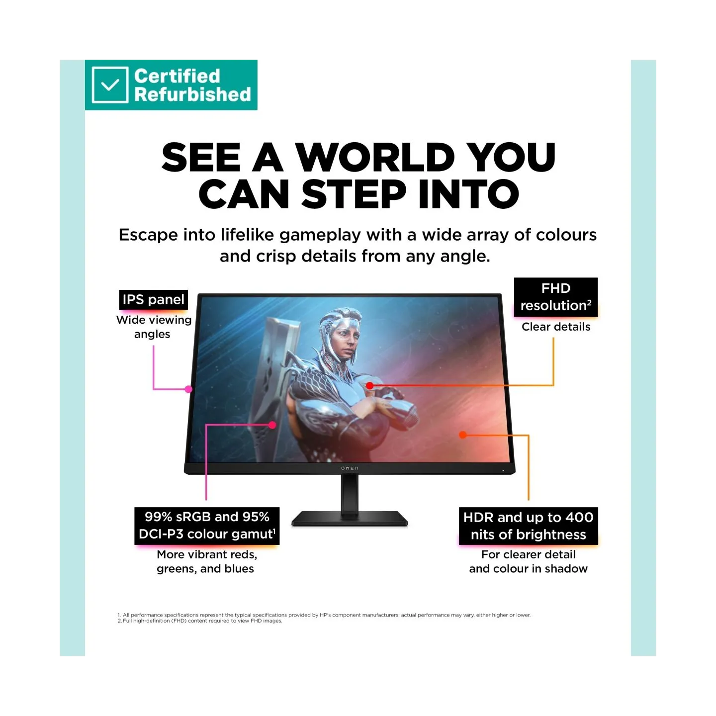 HP RENEW SILVER OMEN by HP 27 FHD Gaming Monitor - 27" 1920x1080 FHD 400-nit 165Hz AG, IPS HDR 400, 2x HDMI/DisplayPort, height 
