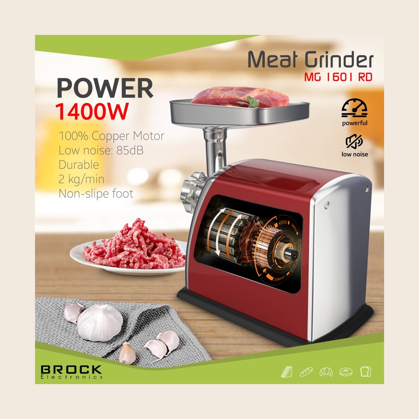 Brock MG 1601 RD Meat Grinder 1400W, Red/Steel