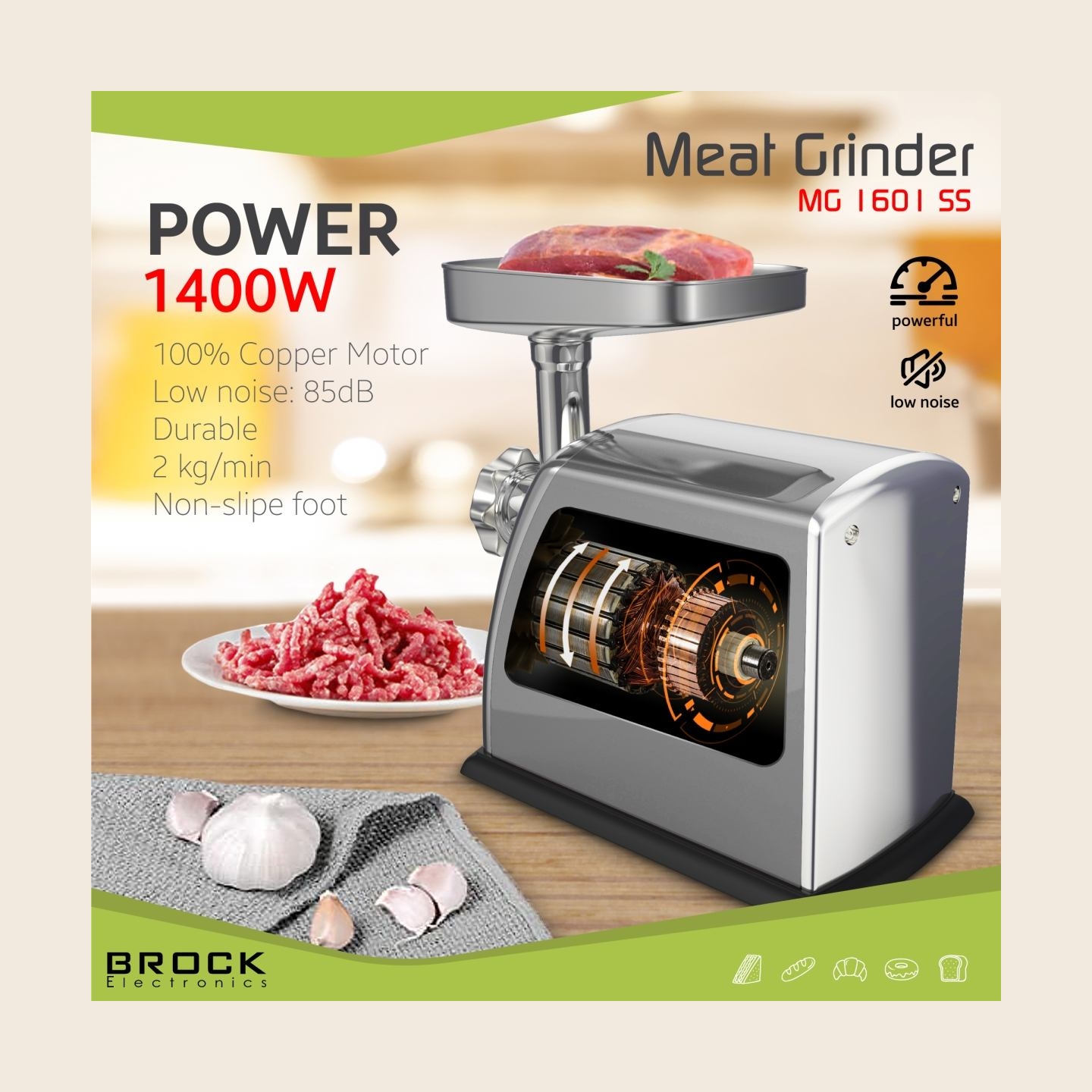 Brock MG 1601 SS Meat Grinder 1400W, Red/Steel