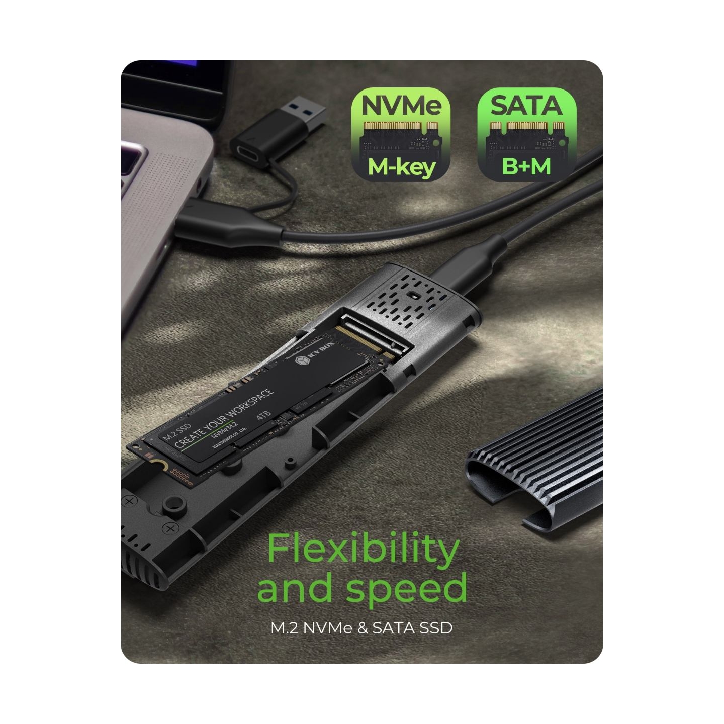 Raidsonic | M.2 NVMe and SATA SSD Enclosure via USB Type-C | IB-1808MCT-CU31