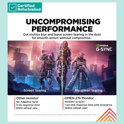 HP RENEW SILVER OMEN by HP 27k UHD Gaming Monitor - 27" 3840x2160 UHD 400-nit 144 Hz AG, IPS, USB-C/2x HDMI/DisplayPort, 2x USB-