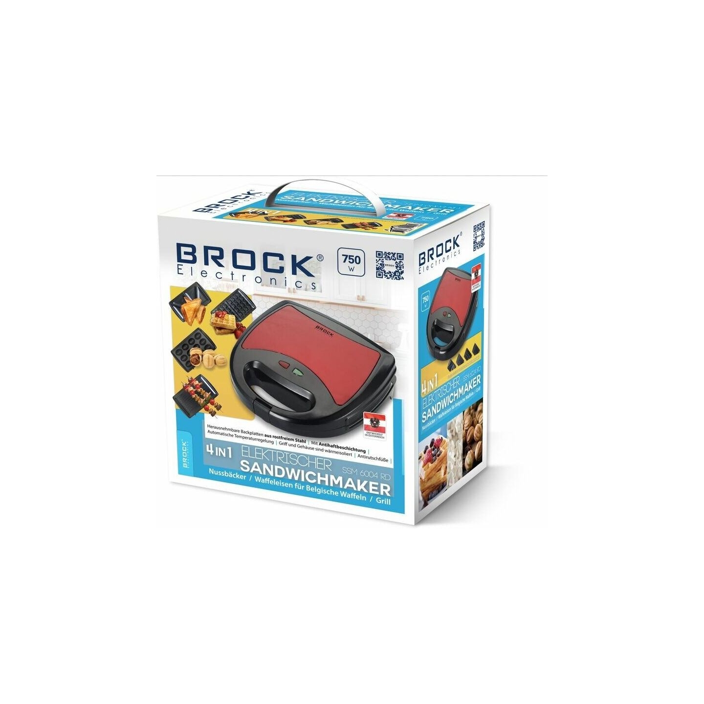 Brock SSM 6004 RD 4 in 1 Sandwich/Nutlet/WaffleMaker And Grill 750 W, Red
