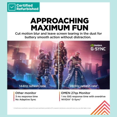 HP RENEW SILVER OMEN by HP 27qs QHD Gaming Monitor - 27" 2560x1440 QHD 400-nit 240Hz AG, IPS, 2x HDMI/DisplayPort, 2x USB-A, spe
