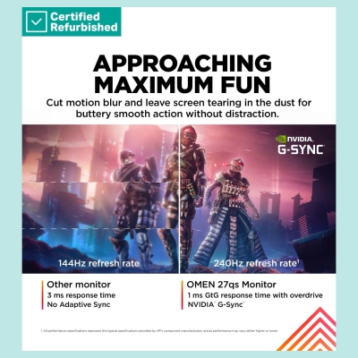 HP RENEW SILVER OMEN by HP 27qs QHD Gaming Monitor - 27" 2560x1440 QHD 400-nit 240Hz AG, IPS, 2x HDMI/DisplayPort, 2x USB-A, spe