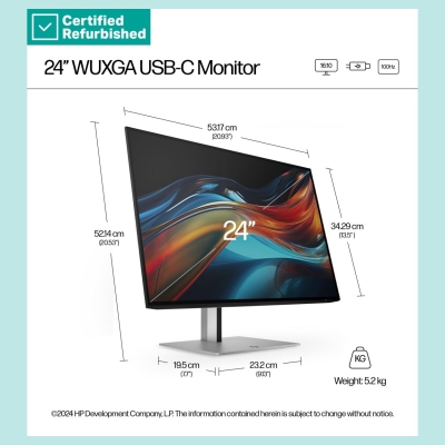 HP RENEW SILVER HP 724pu Series 7 Pro WUXGA Charging Monitor - 24" 1920x1200 WUXGA 350-nit 100Hz AG, IPS, USB-C(100W)/HDMI/Displ