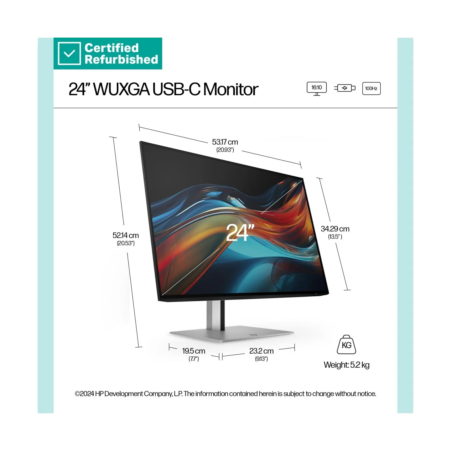 HP RENEW SILVER HP 724pu Series 7 Pro WUXGA Charging Monitor - 24" 1920x1200 WUXGA 350-nit 100Hz AG, IPS, USB-C(100W)/HDMI/Displ