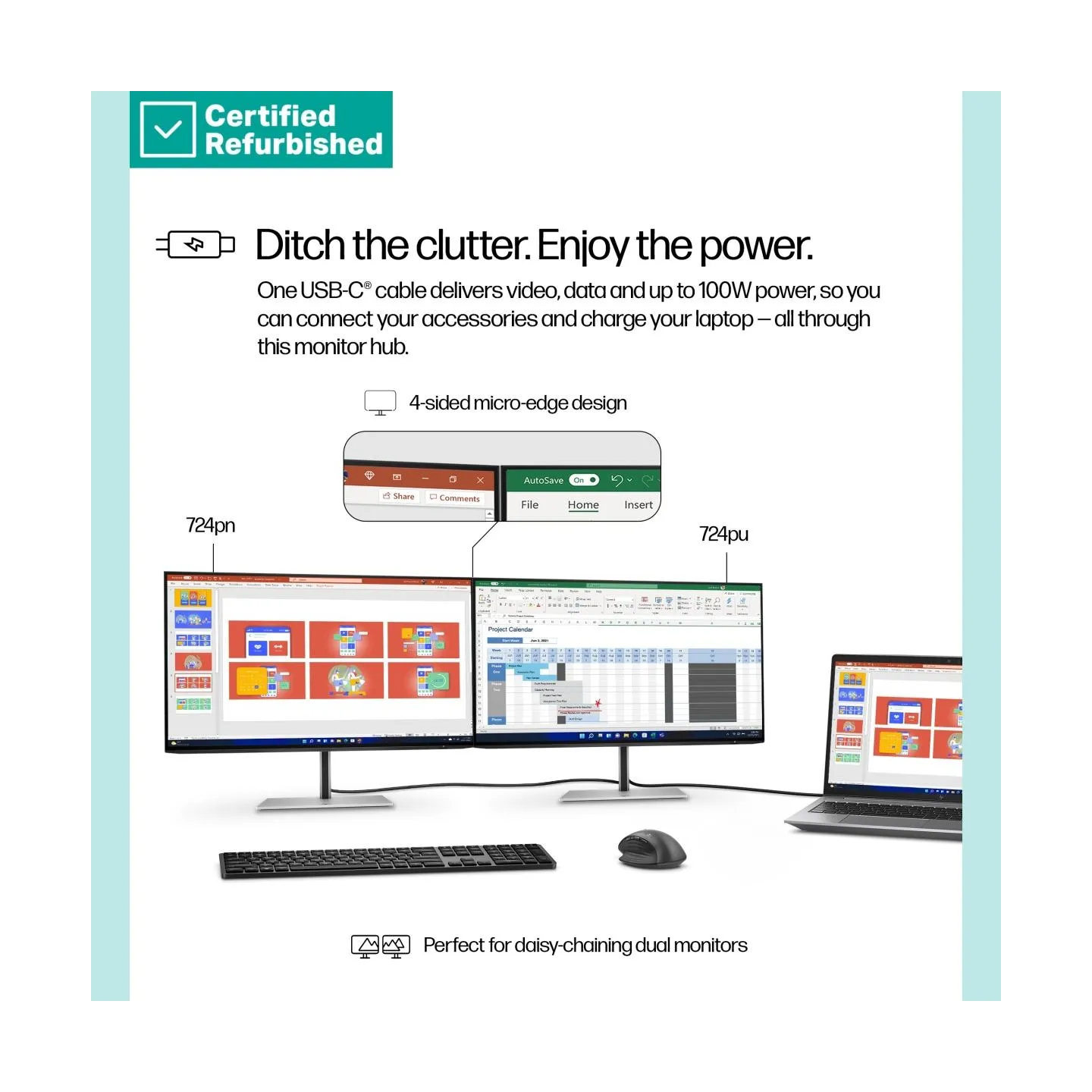 HP RENEW SILVER HP 724pu Series 7 Pro WUXGA Charging Monitor - 24" 1920x1200 WUXGA 350-nit 100Hz AG, IPS, USB-C(100W)/HDMI/Displ
