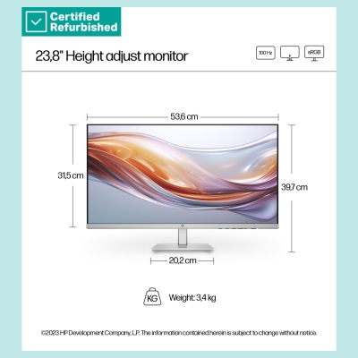 HP RENEW SILVER HP 524sh Series 5 FHD Monitor - 23.8" 1920x1080 FHD 300-nit 100Hz AG, IPS, HDMI/VGA, height adjustable/tilt, 1 y