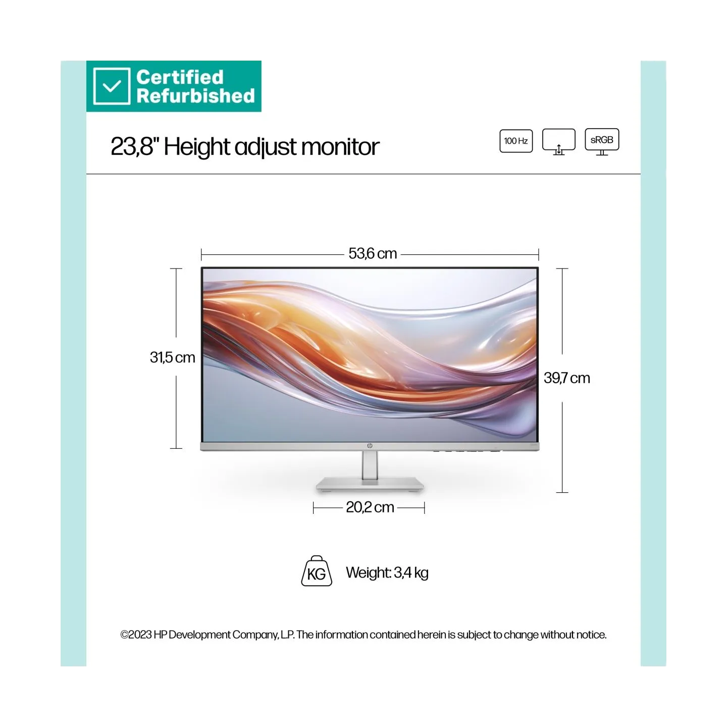 HP RENEW SILVER HP 524sh Series 5 FHD Monitor - 23.8" 1920x1080 FHD 300-nit 100Hz AG, IPS, HDMI/VGA, height adjustable/tilt, 1 y