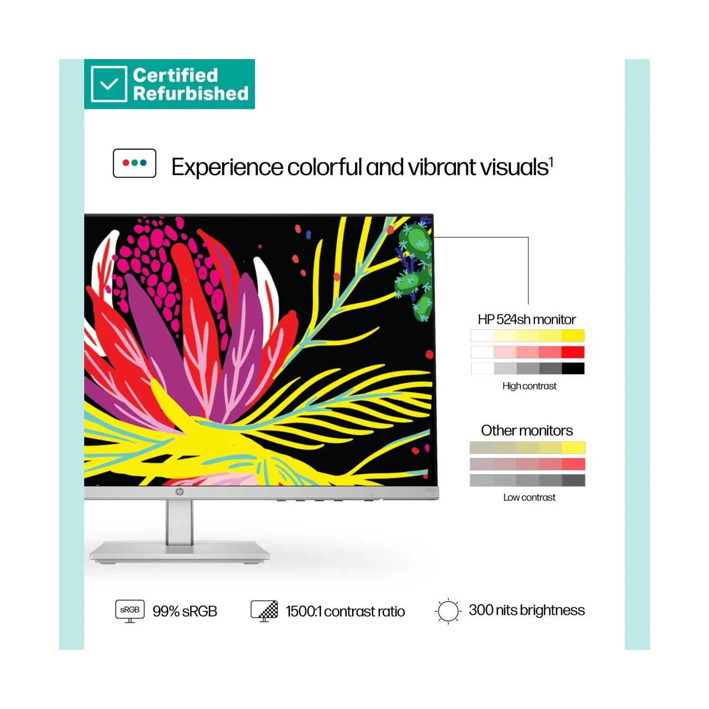 HP RENEW SILVER HP 524sh Series 5 FHD Monitor - 23.8" 1920x1080 FHD 300-nit 100Hz AG, IPS, HDMI/VGA, height adjustable/tilt, 1 y