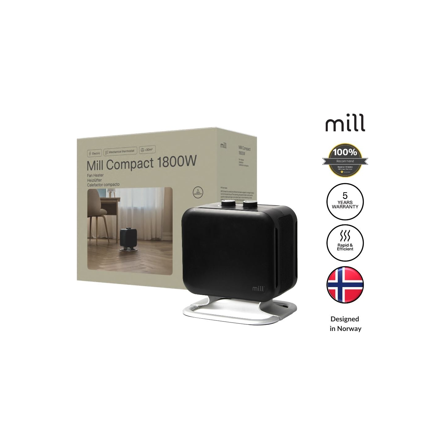 Mill | Heater | CUS1800MECBA | PTC Fan | 1800 W | Suitable for rooms up to 30 m² | Black