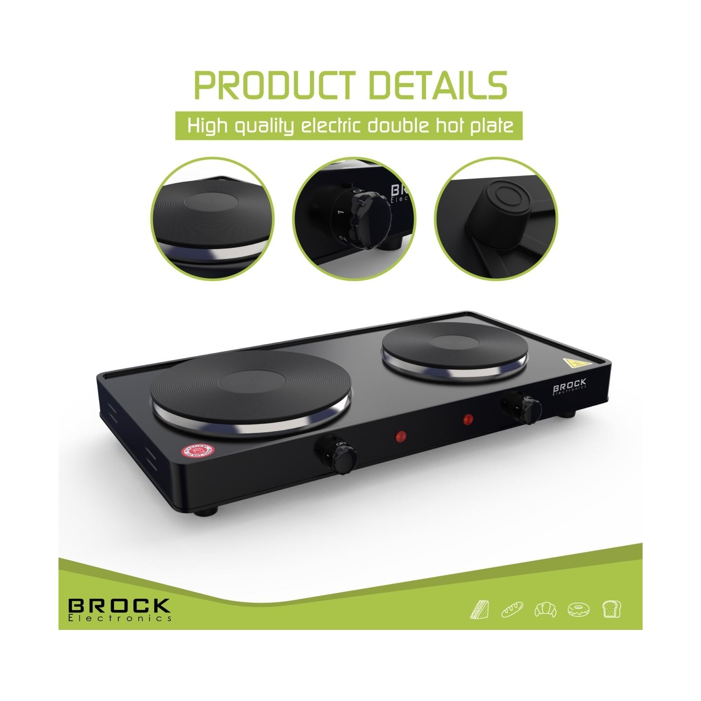 Brock EP 200 BK Two Ring Electric Hob 2500W, Black