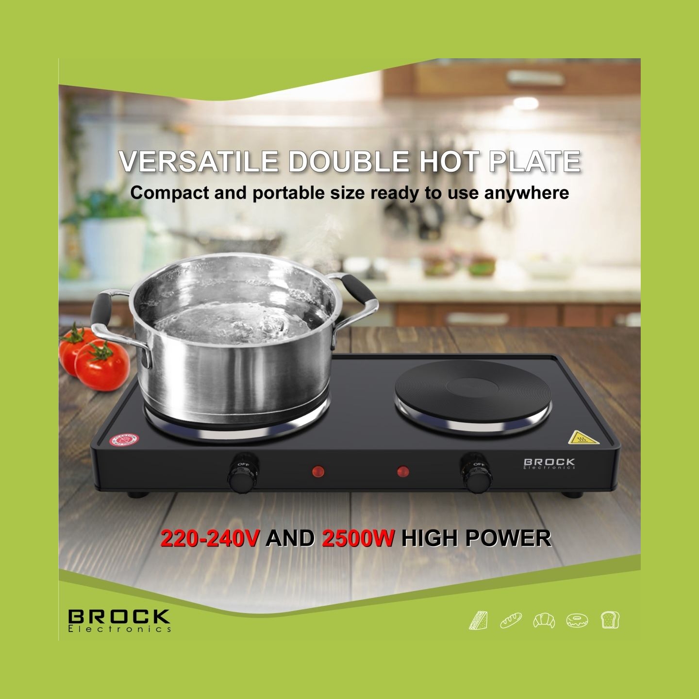 Brock EP 200 BK Two Ring Electric Hob 2500W, Black