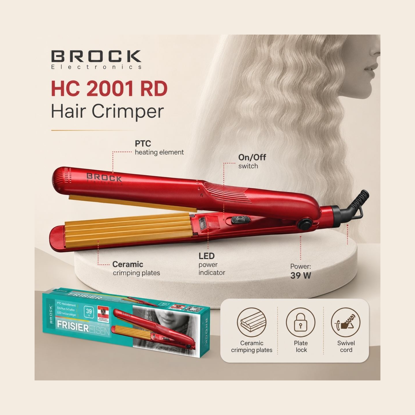 Brock HC 2001 RD Ceramic Hair Crimper 25W, Red