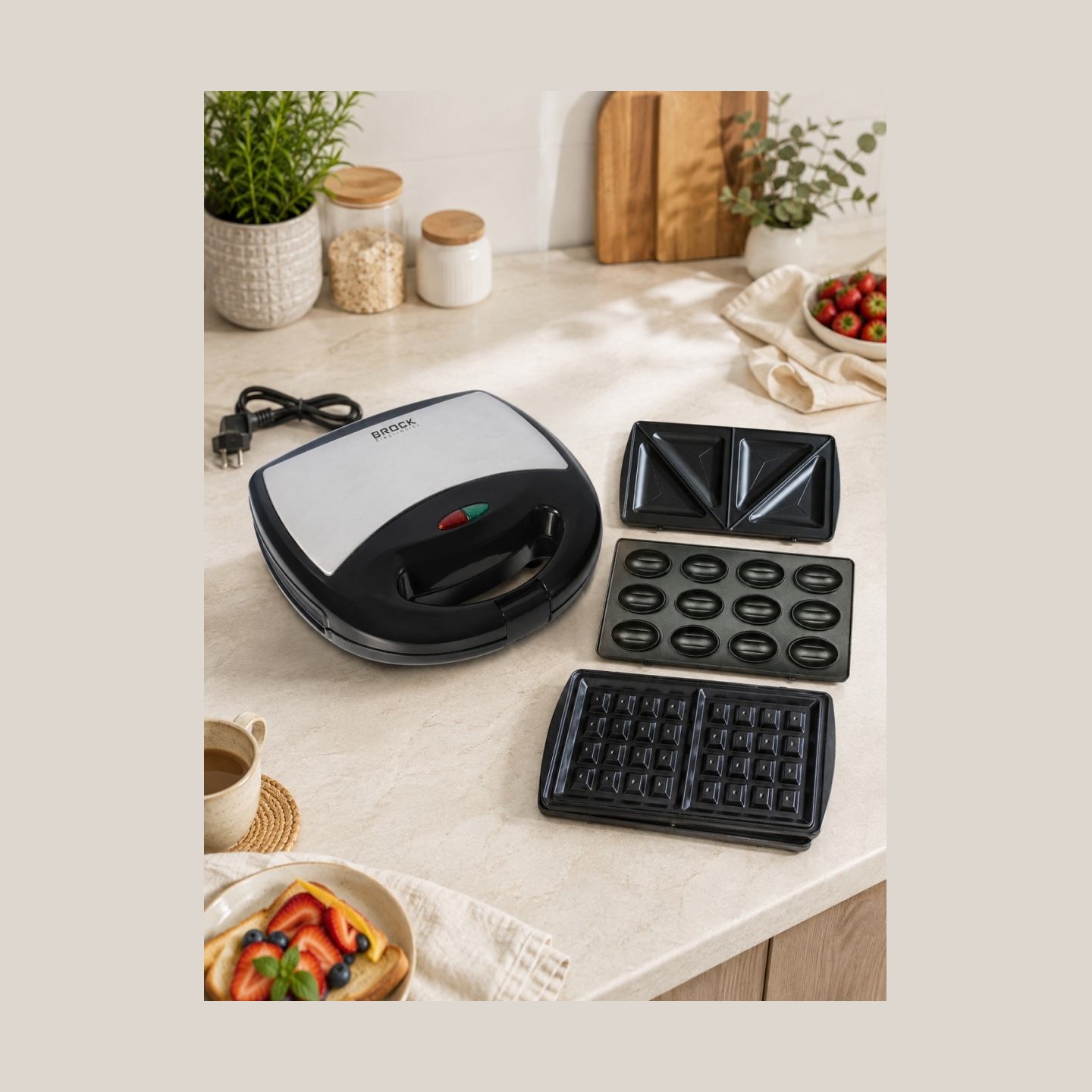Brock SSM 2004 SS 3 in 1 Sandwich/Waffle Maker And Nutlet Makerl 750W, Black/Steel