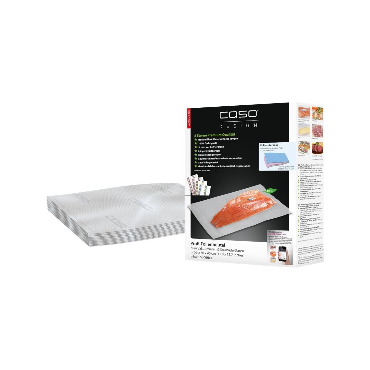 Caso | Foil bags | 01220 | 50 units | Dimensions (W x L) 30 x 40 cm | Ribbed