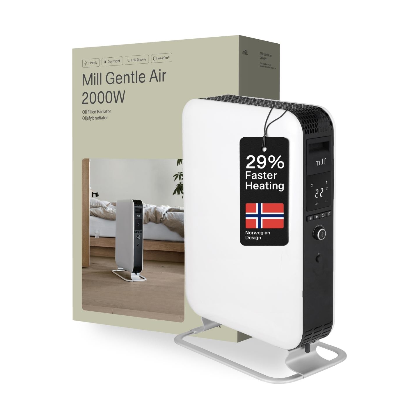 Mill | Heater | AB-H2000DN | Oil Filled Radiator | 2000 W | Number of power levels 3 | Suitable for rooms up to 24-34 m³ | White