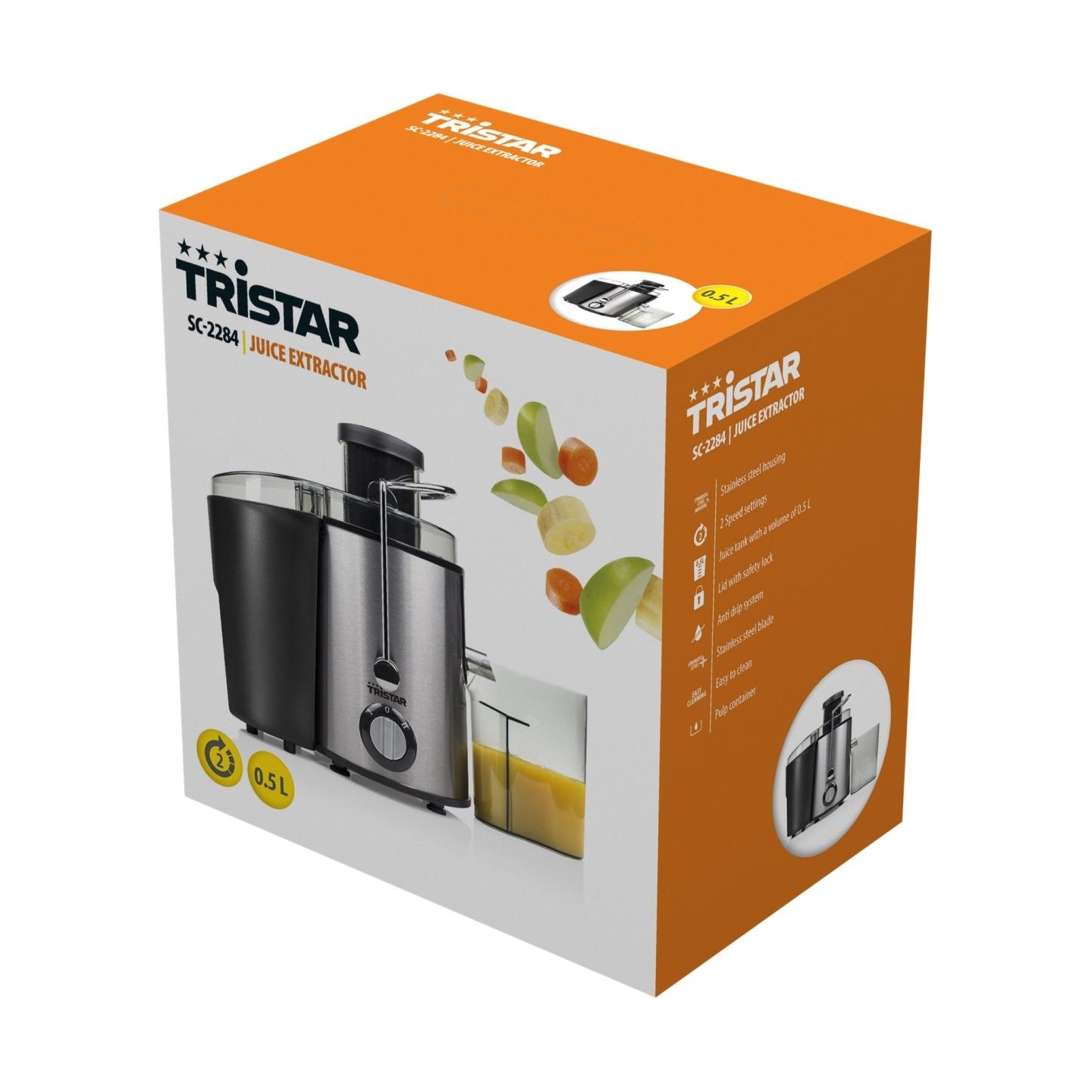 Tristar Juicer | Tristar | SC-2284 | Type Centrifugal juicer | Black/Stainless steel | 400 W | Number of speeds 2