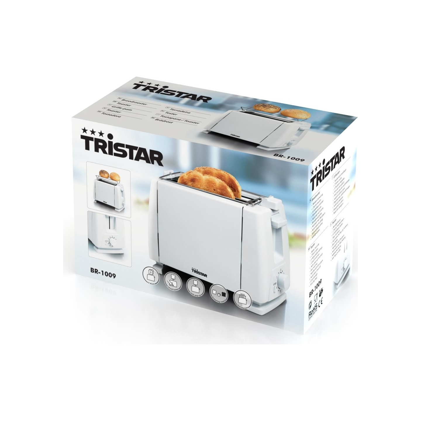 Tristar Toaster | Tristar | BR-1009 | Power 750 W | Number of slots 2 | Housing material Metal | White