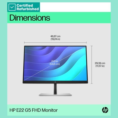 HP RENEW SILVER HP E22 G5 FHD Monitor - 21.5" 1920x1080 FHD 250-nit 75Hz AG, IPS, HDMI/DisplayPort, 4x USB-A, height adjustable/