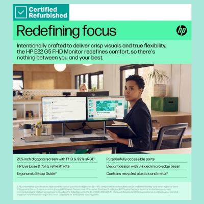 HP RENEW SILVER HP E22 G5 FHD Monitor - 21.5" 1920x1080 FHD 250-nit 75Hz AG, IPS, HDMI/DisplayPort, 4x USB-A, height adjustable/