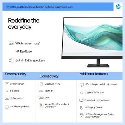 HP 327ph Series 3 Pro FHD Monitor - 27" 1920x1080 FHD 250-nit 100Hz AG, IPS, HDMI/VGA/DisplayPort, speakers, height adjustable/t