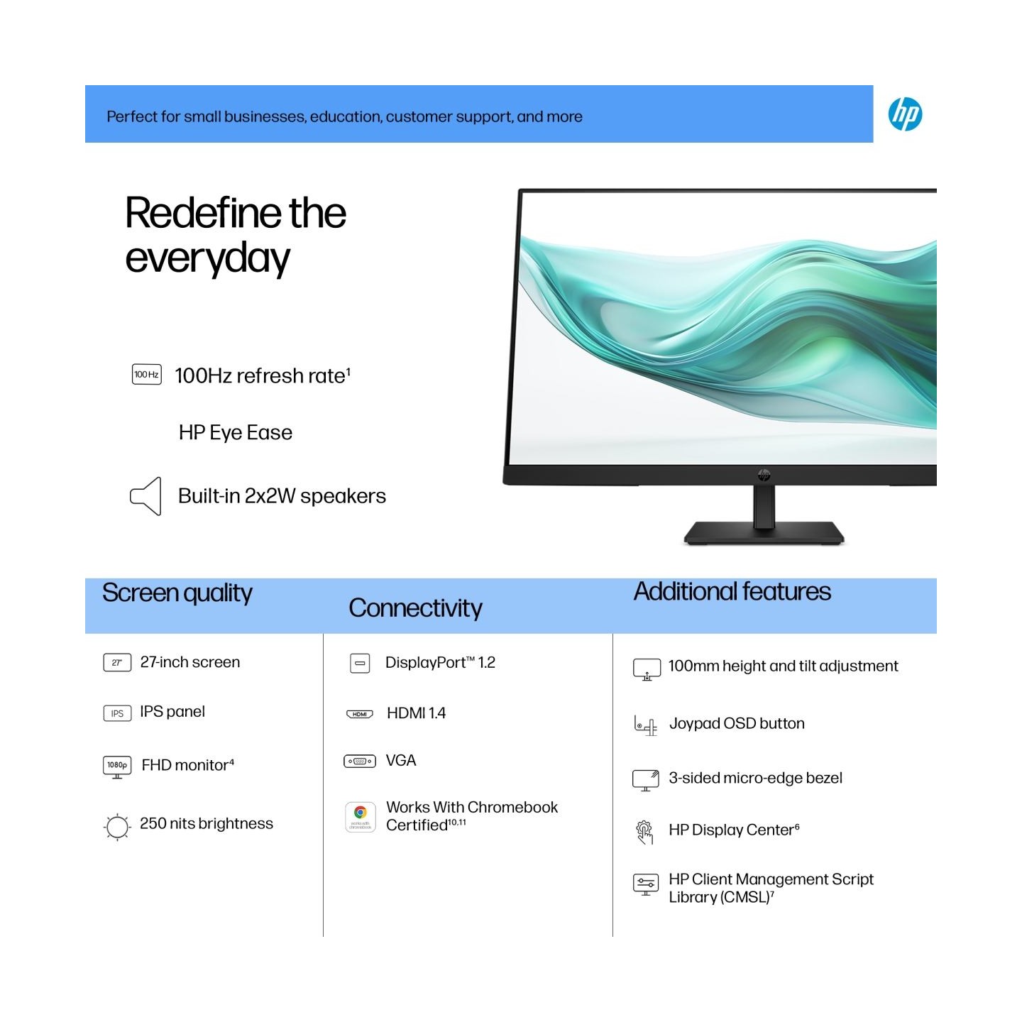 HP 327ph Series 3 Pro FHD Monitor - 27" 1920x1080 FHD 250-nit 100Hz AG, IPS, HDMI/VGA/DisplayPort, speakers, height adjustable/t