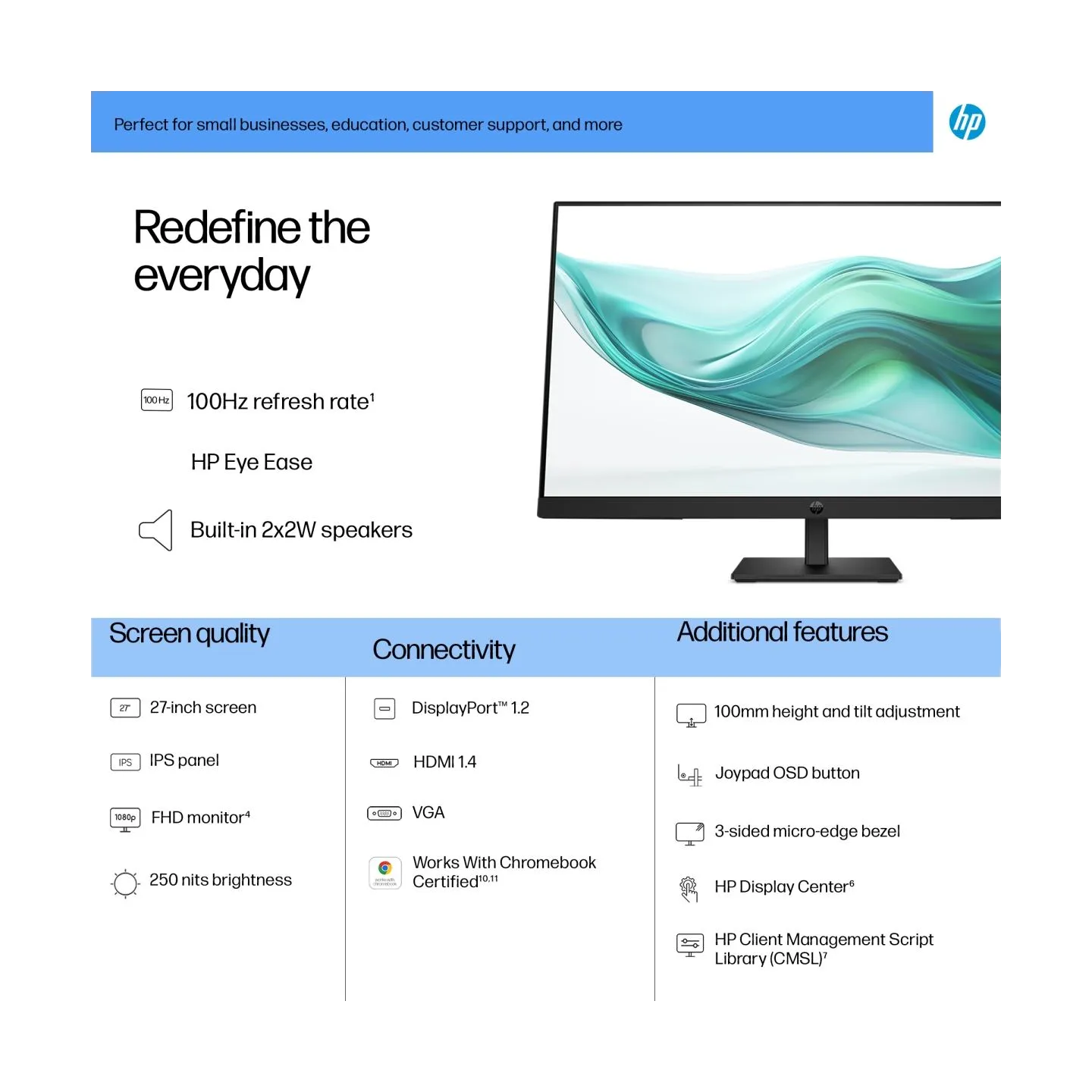 HP 327ph Series 3 Pro FHD Monitor - 27" 1920x1080 FHD 250-nit 100Hz AG, IPS, HDMI/VGA/DisplayPort, speakers, height adjustable/t