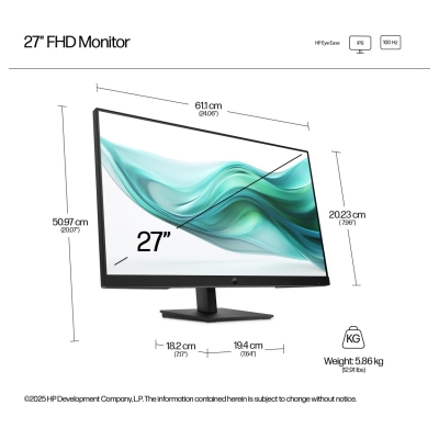 HP 327ph Series 3 Pro FHD Monitor - 27" 1920x1080 FHD 250-nit 100Hz AG, IPS, HDMI/VGA/DisplayPort, speakers, height adjustable/t