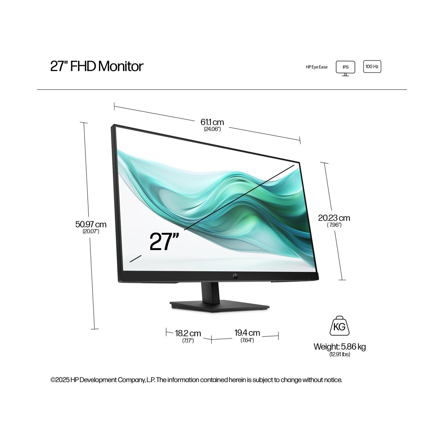 HP 327ph Series 3 Pro FHD Monitor - 27" 1920x1080 FHD 250-nit 100Hz AG, IPS, HDMI/VGA/DisplayPort, speakers, height adjustable/t