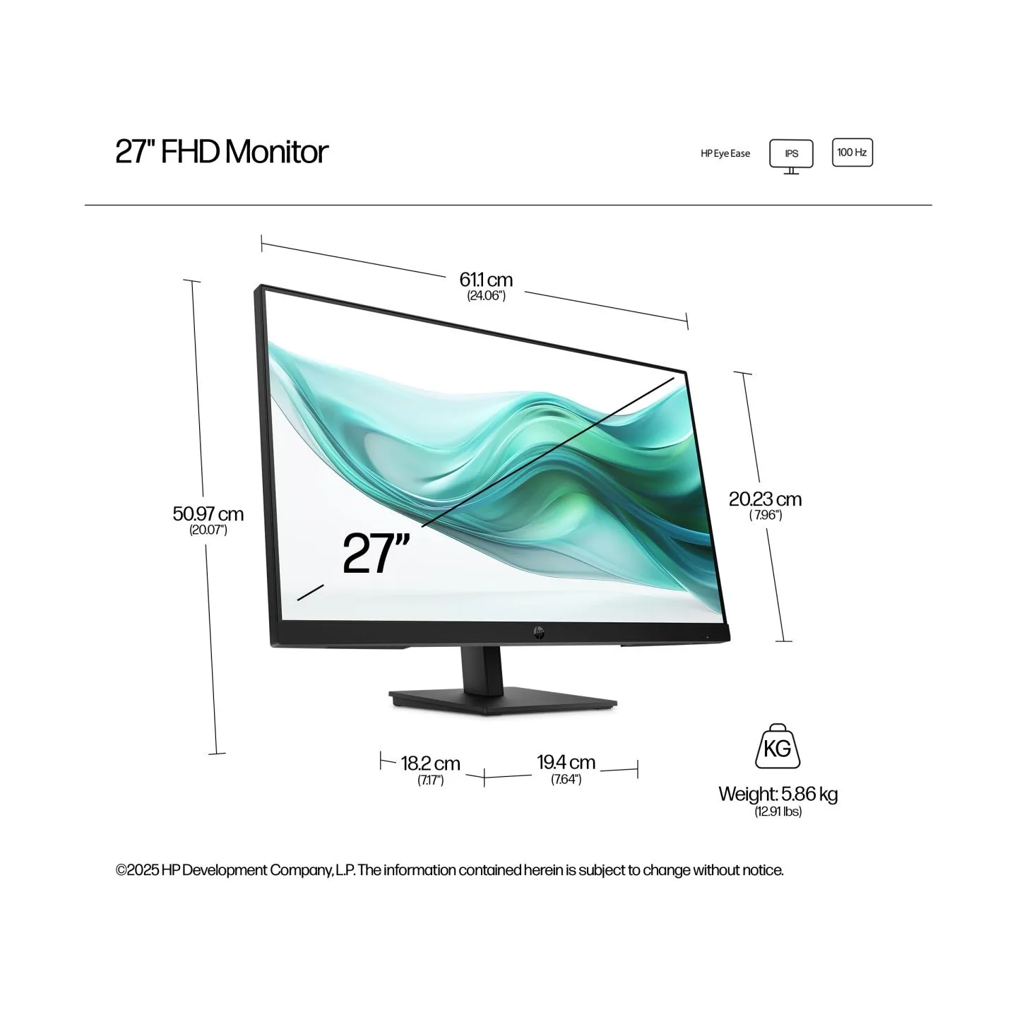 HP 327ph Series 3 Pro FHD Monitor - 27" 1920x1080 FHD 250-nit 100Hz AG, IPS, HDMI/VGA/DisplayPort, speakers, height adjustable/t