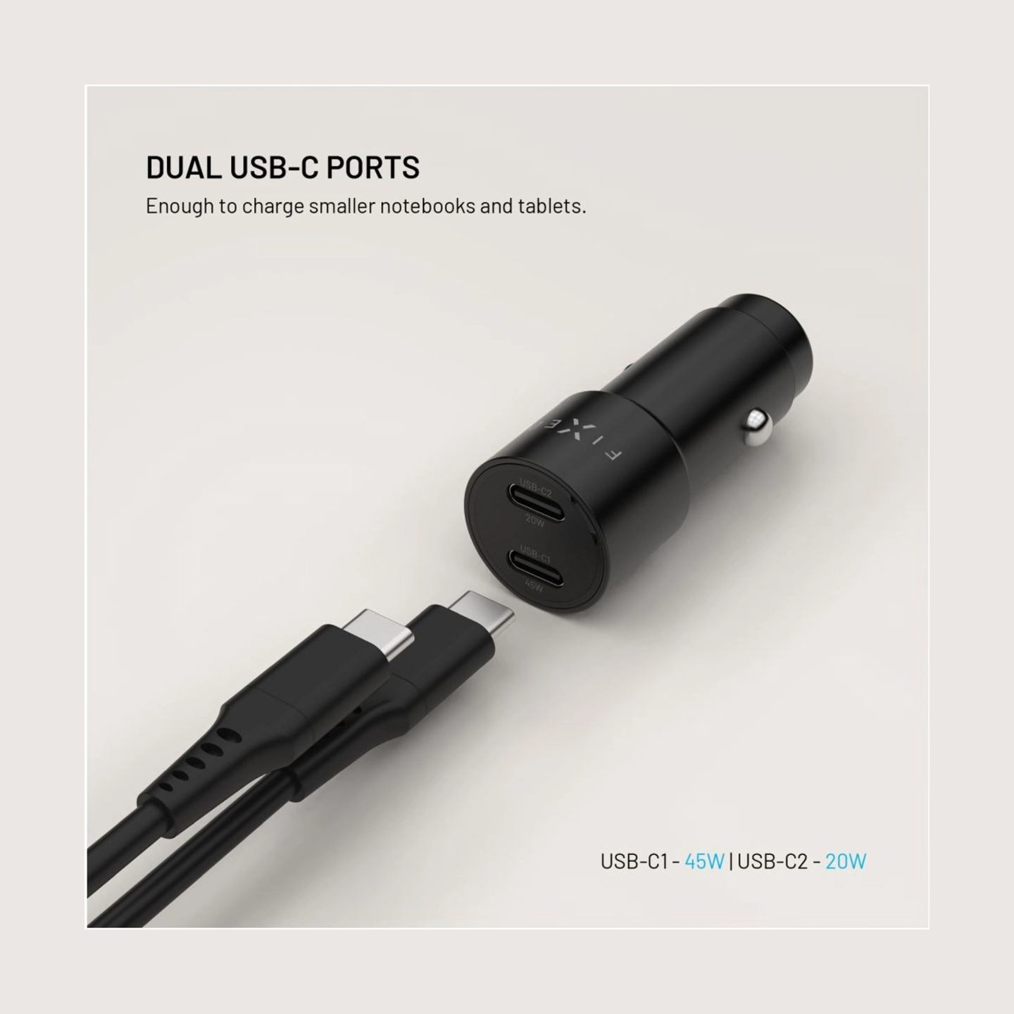 Fixed Dual USB-C Car Charger, 65W, PD 3.0