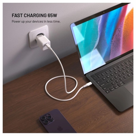 Fixed Mini GaN power adapter with USB-C output and PD support, 65W