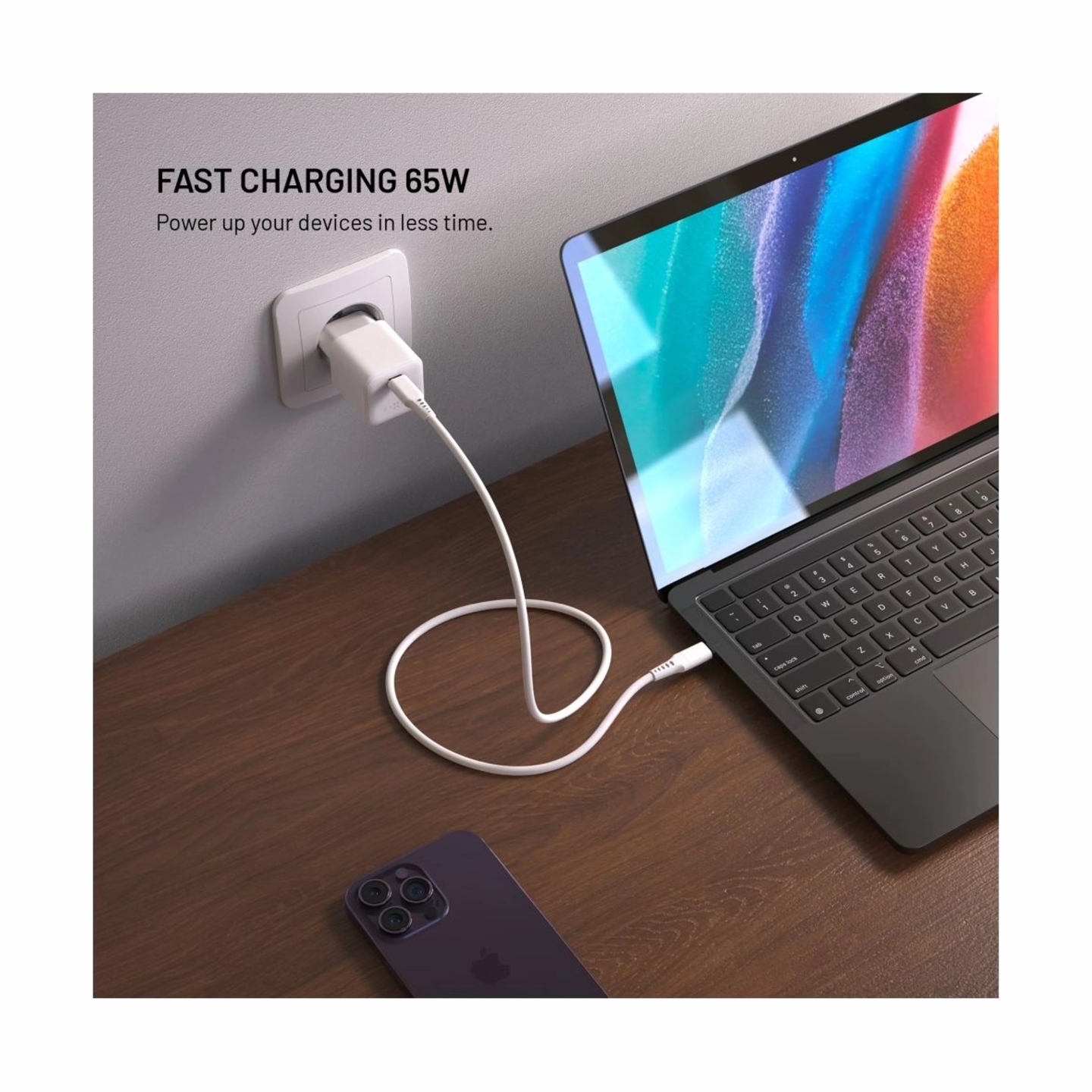 Fixed Mini GaN power adapter with USB-C output and PD support, 65W