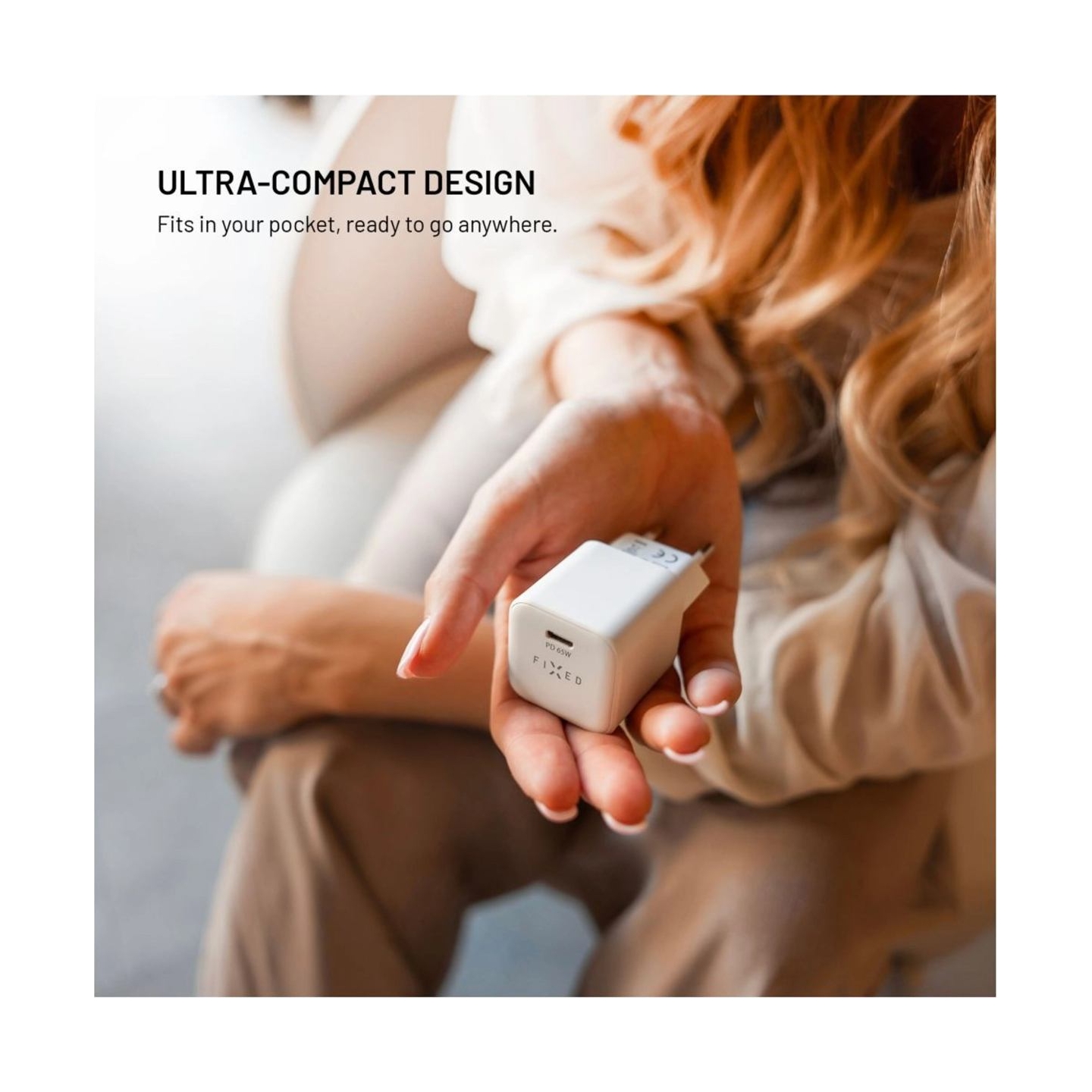 Fixed Mini GaN power adapter with USB-C output and PD support, 65W
