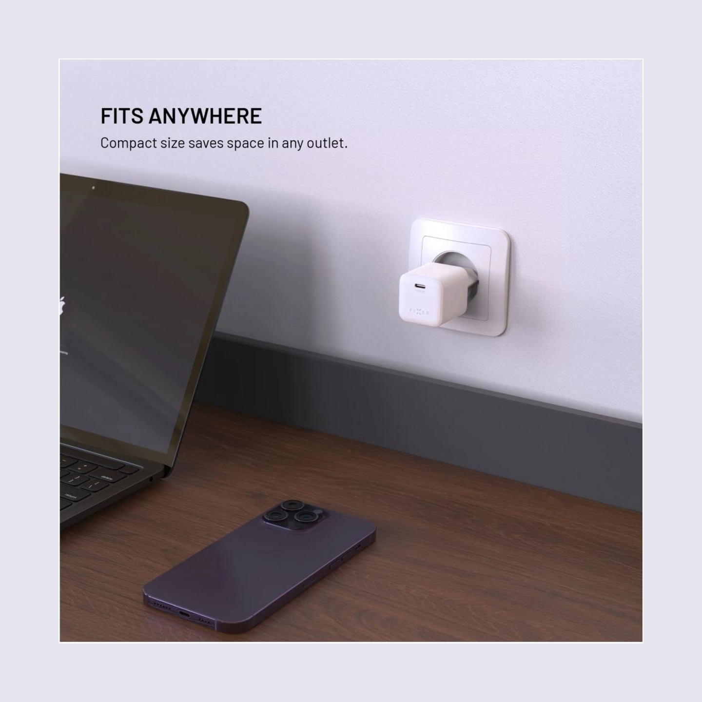 Fixed Mini GaN power adapter with USB-C output and PD support, 65W