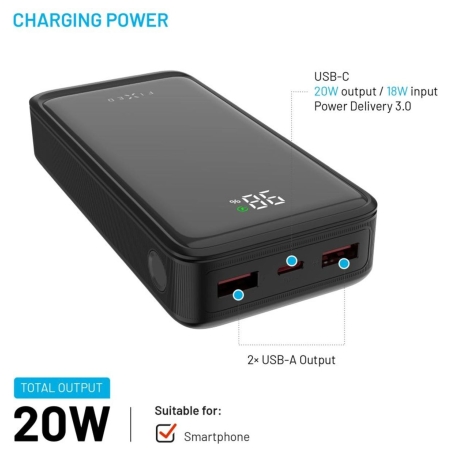Fixed Power Bank Zen2 20 with LCD Display and PD 20W Output | 20000 mAh | Black
