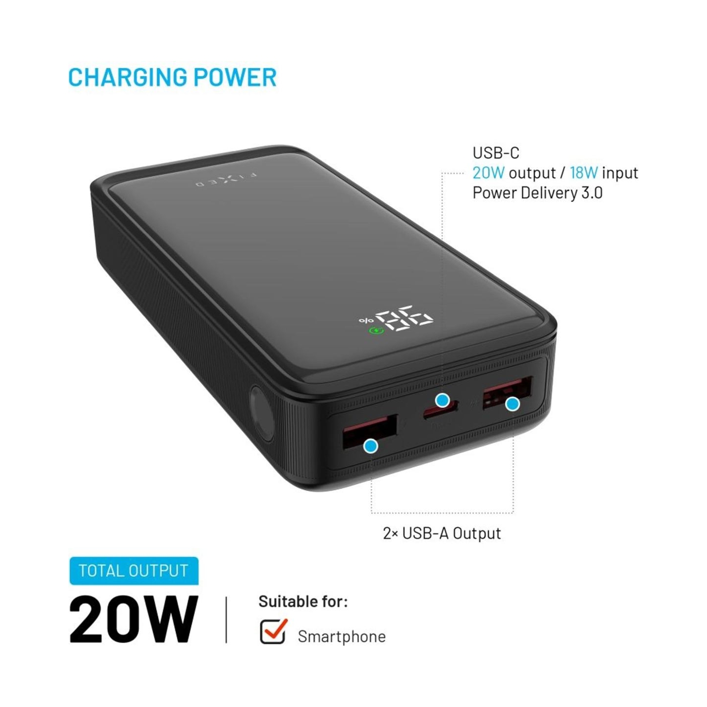 Fixed Power Bank Zen2 20 with LCD Display and PD 20W Output | 20000 mAh | Black