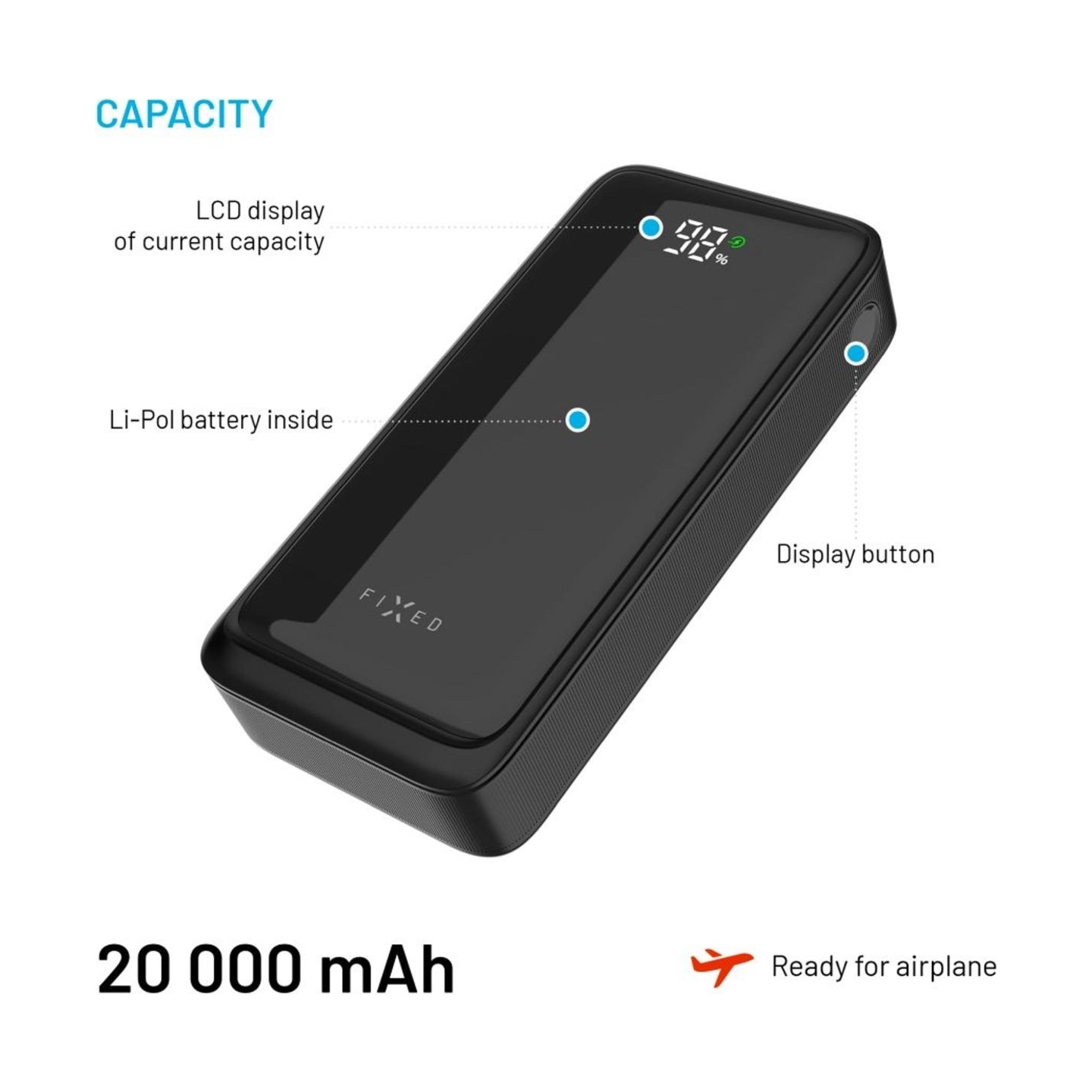 Fixed Power Bank Zen2 20 with LCD Display and PD 20W Output | 20000 mAh | Black