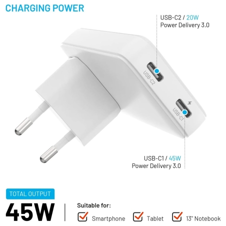 Fixed Slim Traveller 2xUSB-C Travel Charger with world adapters, GaN, 45W | White