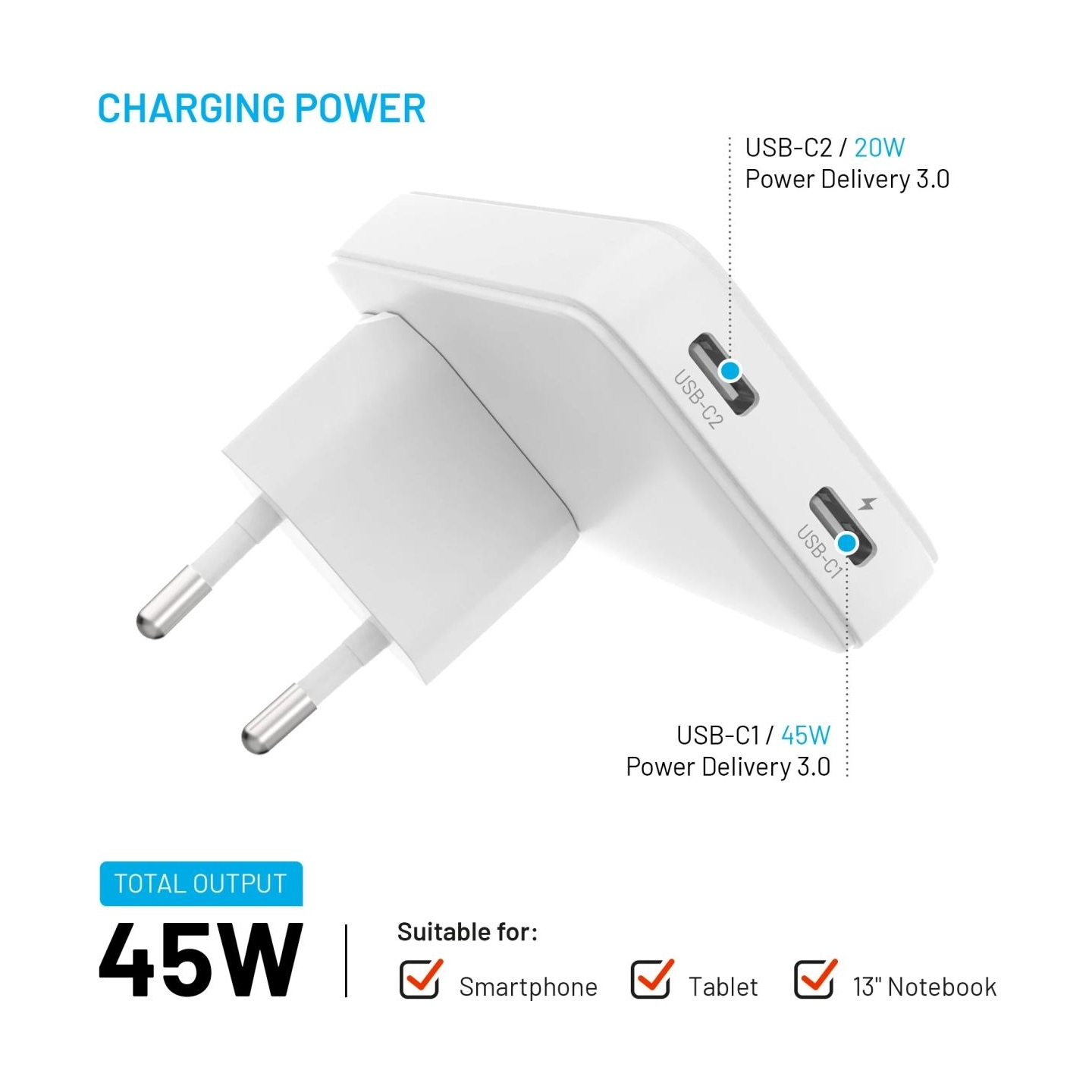Fixed Slim Traveller 2xUSB-C Travel Charger with world adapters, GaN, 45W | White