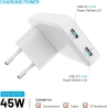 Fixed Slim Traveller 2xUSB-C Travel Charger with world adapters, GaN, 45W | White