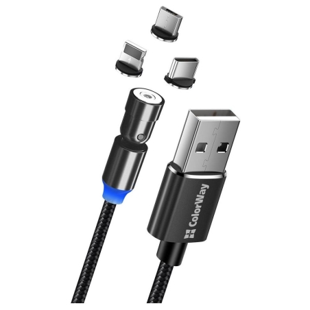 Colorway Cable 3in1 (Lightning+MicroUSB+Type-C) Magnetic Rotation 540° 2.4А, 1m | CW-CBUU037-BK