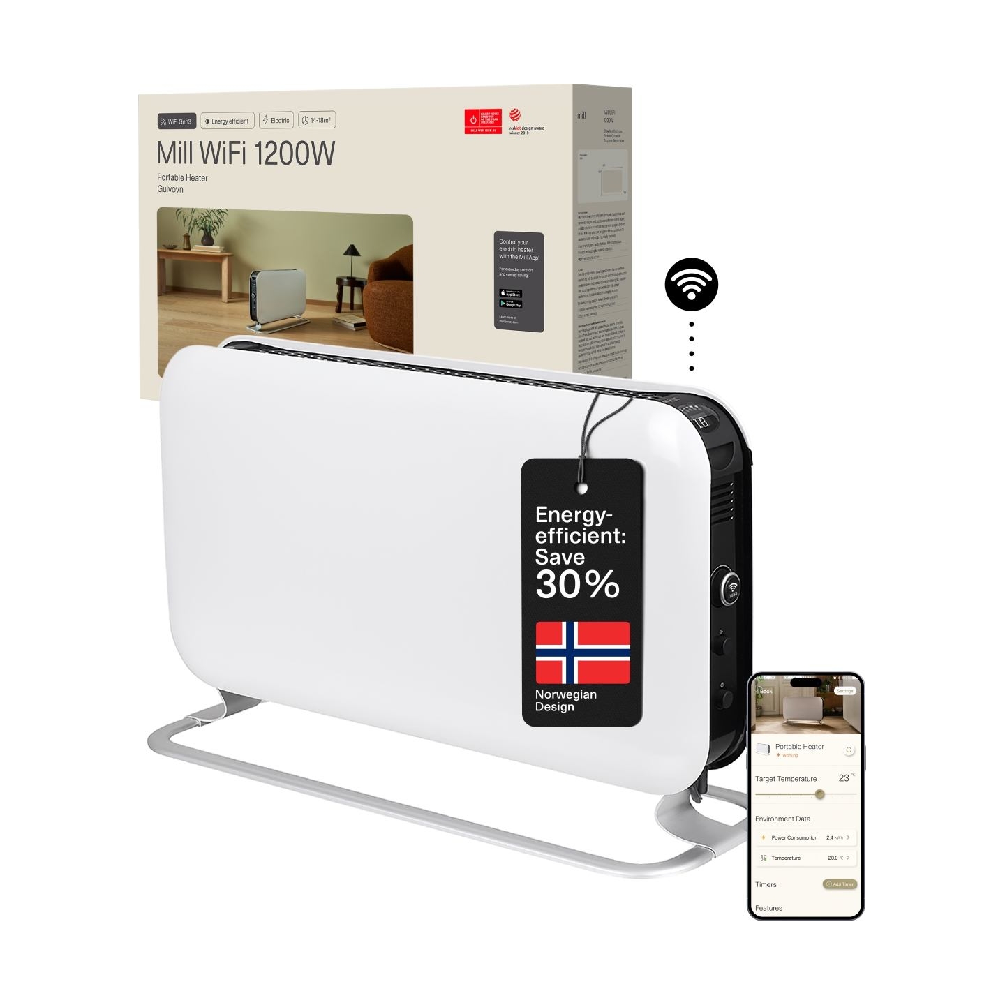 Mill | Heater | CO1200WIFI3 GEN3 | Convection Heater | 1200 W | Number of power levels 3 | Suitable for rooms up to 14-18 m² | W