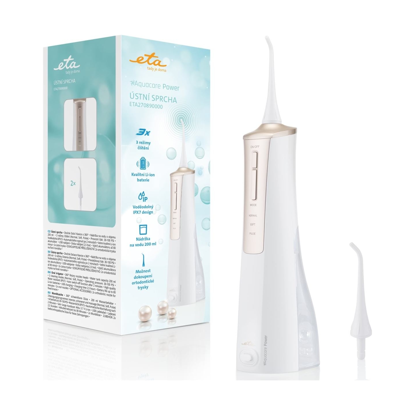 ETA | Oral Irrigator | Sonetic ETA270890000 | Cordless | 200 ml | Number of heads 2 | White/Gold