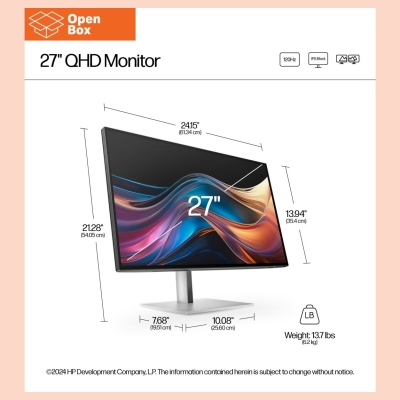 HP 727pq Series 7 Pro QHD Monitor - OPENBOX - 27" 2560x1440 QHD 400-nit 120Hz AG, IPS Black HDR 400, USB-C(15W)/HDMI/DisplayPort
