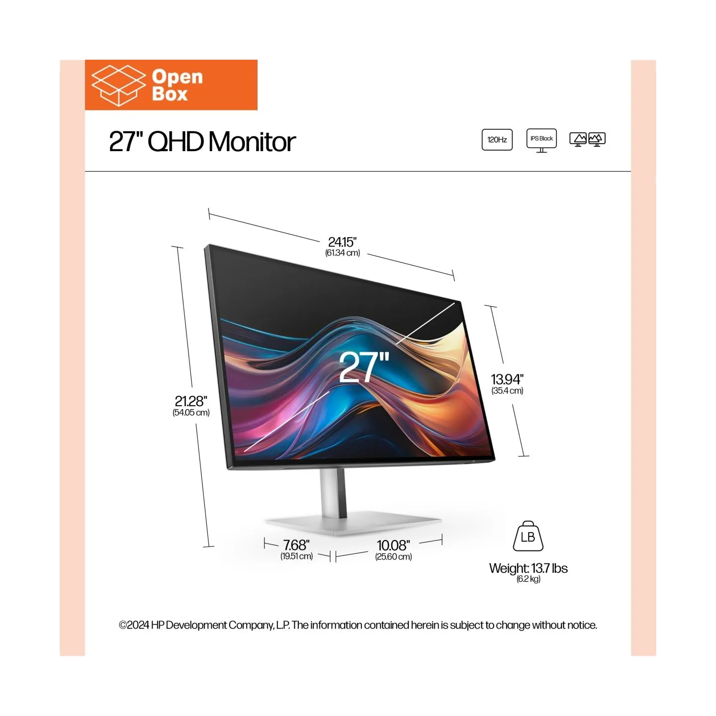 HP 727pq Series 7 Pro QHD Monitor - OPENBOX - 27" 2560x1440 QHD 400-nit 120Hz AG, IPS Black HDR 400, USB-C(15W)/HDMI/DisplayPort