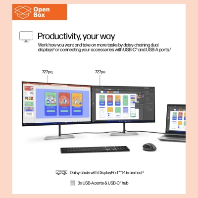 HP 727pq Series 7 Pro QHD Monitor - OPENBOX - 27" 2560x1440 QHD 400-nit 120Hz AG, IPS Black HDR 400, USB-C(15W)/HDMI/DisplayPort