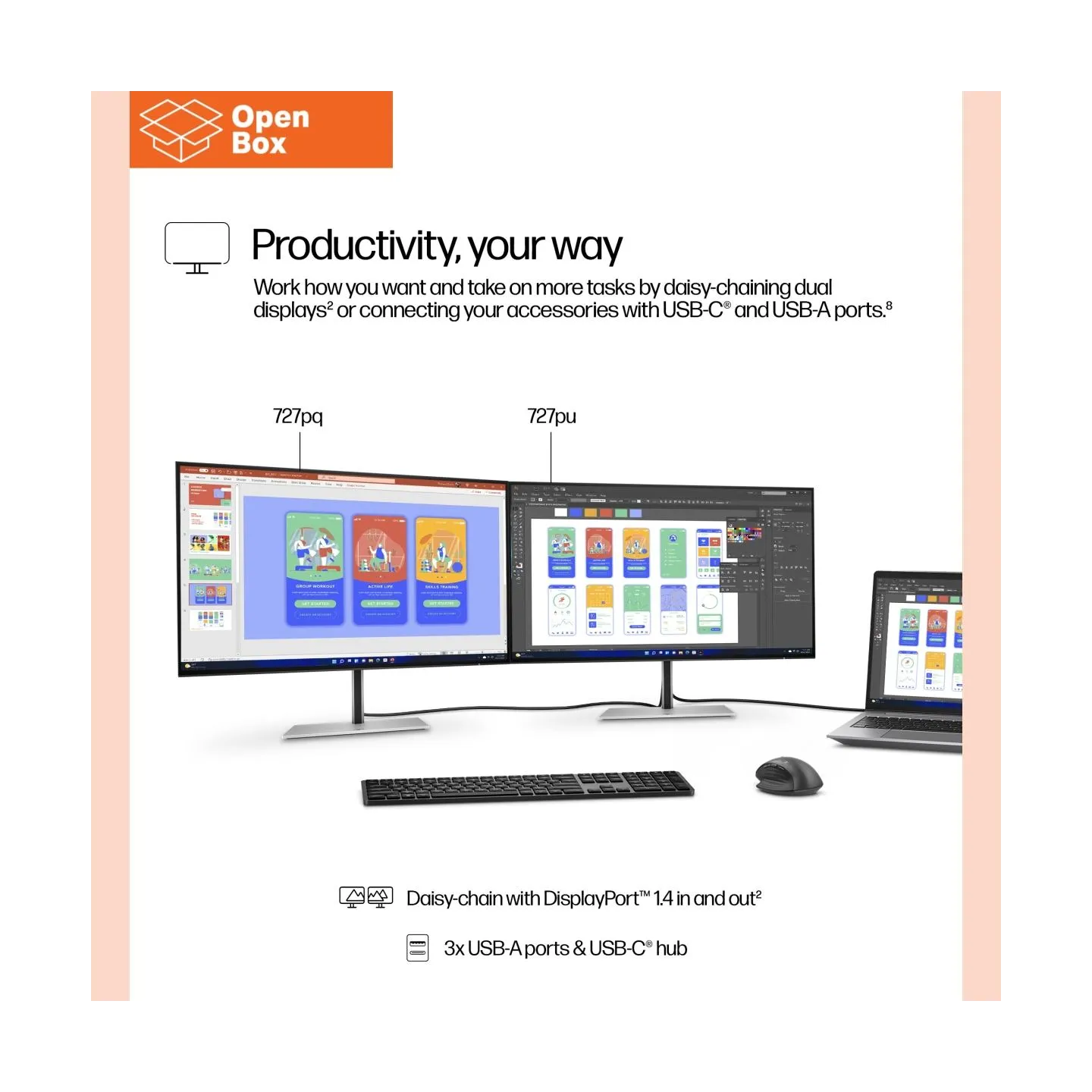 HP 727pq Series 7 Pro QHD Monitor - OPENBOX - 27" 2560x1440 QHD 400-nit 120Hz AG, IPS Black HDR 400, USB-C(15W)/HDMI/DisplayPort