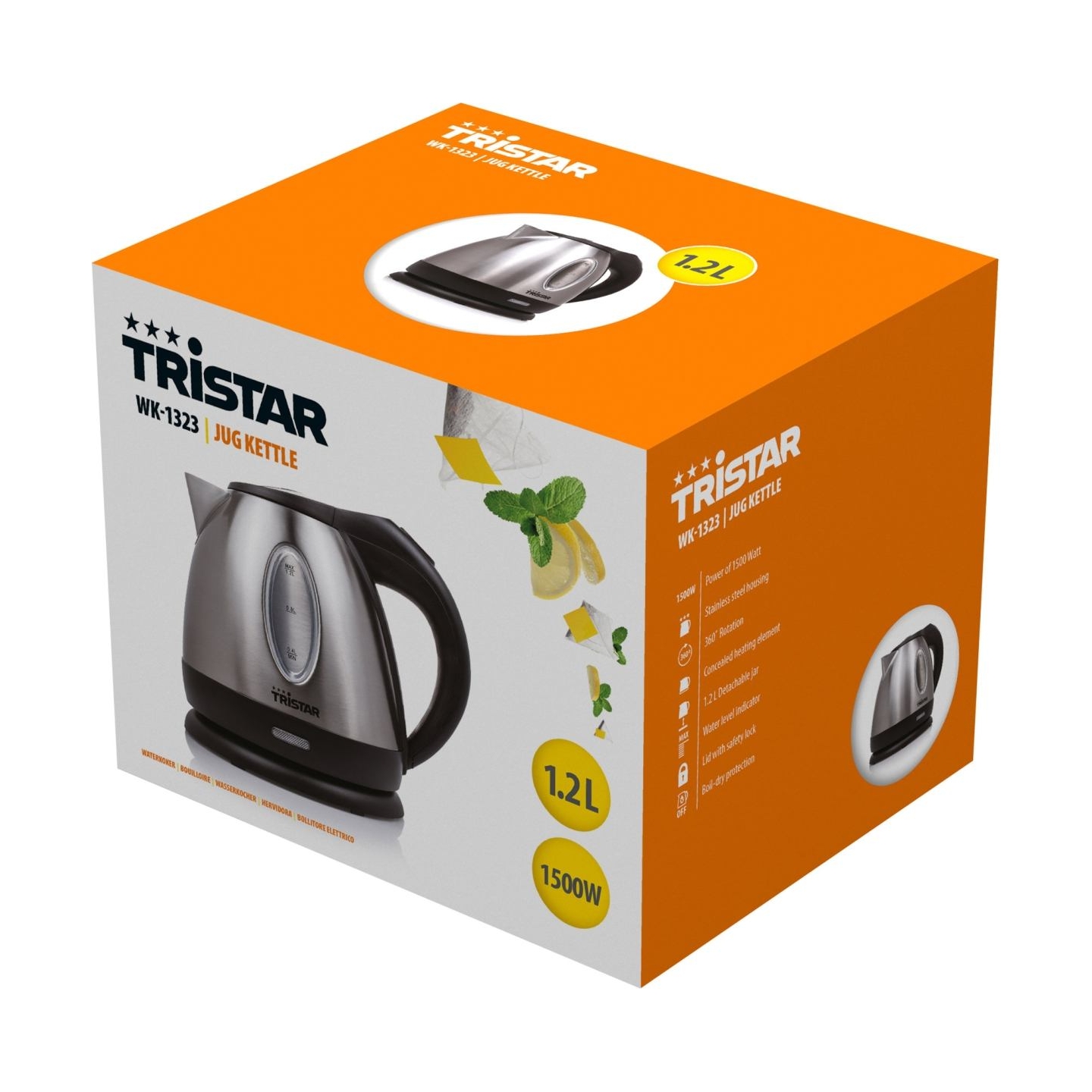 Tristar | Jug Kettle | WK-1323 | Standard | 1500 W | 1.2 L | Stainless steel | 360° rotational base | Silver